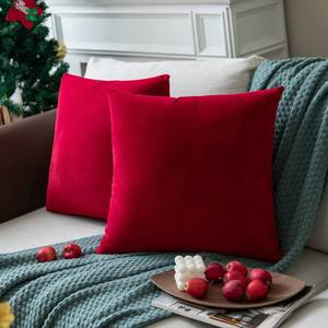 lot 8199 image: Colormz Set of 2 Bright Red Colored Solid Velvet Throw Pillow Covers, Cozy Soft Accent Pillow Cases for Sofa Couch Bed and Living Room - 18x18