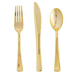 lot 8212 image: FOCUSLINE 75 Pack Gold Plastic Silverware Disposable Cutlery Set - 25 Forks Knives Spoons - Disposable Flatware Heavy Duty Plastic Utensils Set for Catering, Parties, Dinners, Weddings