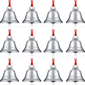 lot 8222 image: Sratte 24 Pack 1.5 Inch Christmas Bells Ornament Xmas Believe Jingle Decoration Silver Santa Sleigh Bell Christmas Printed Bell with Red Ribbon for Xmas Tree Home Decoration(Trumpet)