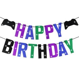 lot 8233 image: Oudain Pre Strung Video Game Birthday Banner, Blue Purple Gaming Party Banner for Video Game Birthday Supplies Battle Party Decor Favors