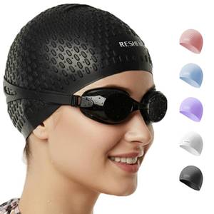 lot 8244 image: Silicone Swim Cap for Women Long Hair �� 3D Non-Slip Design, Durable Tear-Resistant Waterproof Bathing Cap for Adults (Black)