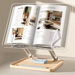 lot 9136 image: Adjustable Acrylic Book Stand for Reading, Book Holder with Pen Slot, Foldable Desktop Riser for Laptop, Recipe, Textbook - Hands-Free,Cookbook Stand, Clear Design with Page Clips