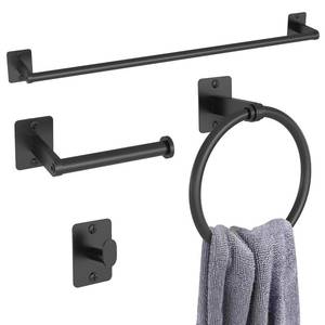 lot 9140 image: Matte Black Bathroom Accessories Set, KLJKPA 4 Pieces Bathroom Hardware Set, 24 inch Towel Bar, Towel Racks for Bathroom, Robe Towel Hooks, Toilet Paper Holder Wall Mounted