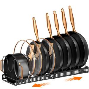 lot 11064 image: MUDEELA Pots and Pans Organizer Rack for under Cabinet, Expandable 11.81-22.85 Pot Lid Kitchen Cabinet Organizer Holder with 10 Adjustable Compartment Cutting Board Organizer for Pan Lid, Bakeware