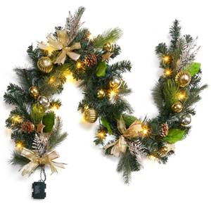 lot 13357 image: LinTimes 6 FT Pre-Lit Christmas Garland, Gold Lighted Xmas Garland with 20 LED Lights with Timer for Mantle Staircase Table, Winter Garland with Ribbon, Xmas Ball, Pine Cones, Star, Battery Operated