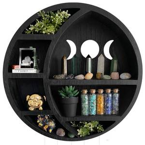 lot 13372 image: Ella & Emma Wooden Moon Shelf for Crystals - Crescent Moon Crystal Shelf, Storage & Wall Hanging Shelves for Bedroom Aesthetic, Moon Phase Wall Decor & Crystal Display Shelf, Pinewood, Black