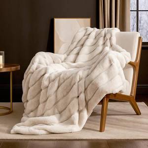 lot 13373 image: Cozy Bliss Deluxe Sheared Rabbit Faux Fur Throw Blanket, Soft Fuzzy High-Low Sculpted Plush Blanket for Couch, Cozy Home Accent, All Season Use, Beige 50x60