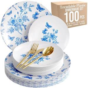 lot 13380 image: Trendables Fancy Plastic Dinnerware Sets 100 Pc Set 20 Guests Gold Silverware Disposable 20 X 10 Inch Charger Plates 20 X 8 Inch Dessert Plates 20 x Gold Plastic Forks and Spoons Knives In Botanical