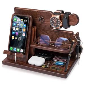 lot 13385 image: TESLYAR Wood Phone Docking Station for Men - Desk or Nightstand Organizer - Birthday Gifts for Husband, Dad - Anniversary Idea from Wife - Key Holder, Stand Wallet, Watch & Essentials (Bourbon Brown)