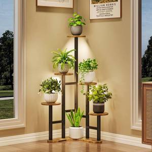lot 13389 image: Yzosvki Corner Plant Stand Indoor with Grow Lights, 6 Tiered Corner Plant Shelf Flower Stand for Multiple Plants, Plant Shelves Organizer Rack for Living Room, Balcony, Patio, Round Rustic Brown