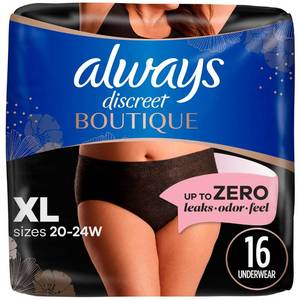 lot 13392 image: Always Discreet Boutique Incontinence and Postpartum Underwear for Women, Maximum Protection, Extra Large, Black, 16 Count
