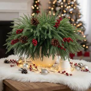 lot 13398 image: Zeyune 66 Pcs Christmas Norfolk Pine Branches with Pinecones Red Berry Stems, 14 Artificial Pine Needles Faux Branches Realistic Christmas Picks and Spray Greenery for Vase Wreath DIY Decor(Green 1)