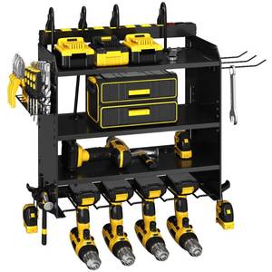 lot 13403 image: CFMASTER 4-Layer Wall-Mounted Power Tool Organizer Rack,Heavy Duty Adjustable Shelves Organizer for Cordless Power Tool Batteries,Space-Saving Garage & Workshop Charging Station 8 Outlets Power Strip