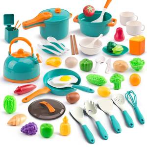 lot 13417 image: 56Pcs Mini Play Kitchen Accessories for Kids, Pretend Cooking Playset with Cookware, Tableware & 2 Fruit Sets, Learning Gift for Girls, Boys, Toddlers, Green