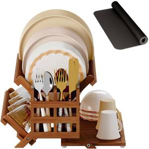 lot 13434 image: Greenual Teak Dish Drying Rack with Utensil Holder, 3 Tier Collapsible Dish Rack, Wooden Dish Racks for Kitchen Counter, Large Folding Drying Holder with Absorbent Dish Drying Mat
