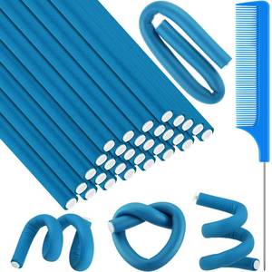 lot 14024 image: Syhood 30 Pcs Flexible Curling Rods 9.45 Twist Foam Rollers Soft Foam No Heat Hair Rods Rollers and 1 Steel Pintail Comb Rat Tail Comb for Women Long Short Hair(Blue,9.45 x 0.47 Inch)