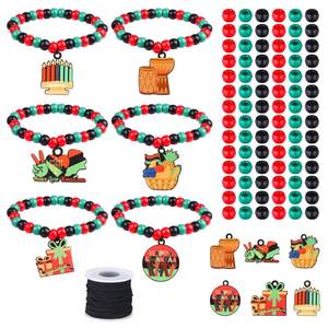 lot 14026 image: 24 Set DIY Kwanzaa Beaded Bracelet Crafts African Heritage Bracelets Making Kit Include Black Red Green Beads Wooden Pendants Elastic Rope African American Kwanzaa Gifts for Party Home Activity Favors