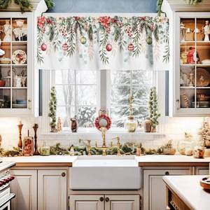 lot 14028 image: Christmas Eucalyptus Leaves Curtain Valances for Windows,Light Filtering Thermal Insulated Windows Curtains Decoration Xmas Poinsettia Valance Curtains for Kitchen Bedroom Living Kid Room Decor 54x18