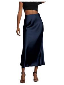 lot 14036 image: SOLY HUX Womens Elegant Satin Skirts High Waisted Flared Casual Work Office Fishtail Midi Skirt Dark Blue Medium