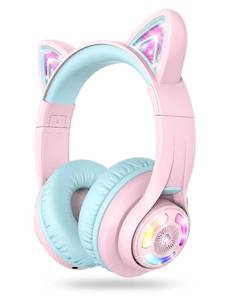 lot 14037 image: iClever Cat Ear Kids Bluetooth Headphones, LED Lights Up, 7485dBA Safe Volume Limited, 50H Playtime,Bluetooth 5.2, USB C, Kids Headphones Wireless for Travel iPad Tablet, Meow Macaron Pink