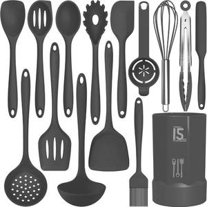 lot 14038 image: AOTHOD Silicone Cooking Utensils Set - 446°F Heat Resistant Kitchen Utensils,Spatula Sets,Turner Tongs,Spoon,Kitchen Utensil Gadgets Tools Set for Nonstick Cookware,Dishwasher Safe BPA Free (Gray)