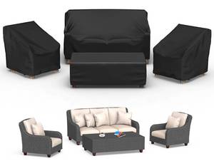 lot 14050 image: Mrrihand Patio Furniture Covers, 4 Piece Outdoor Furniture Cover Waterproof includ Ourdoor Sofa Cover, 2 Chair Covers, Coffee Table Cover with Windproof Buckle Strap and Adjustable Drawstring-Black