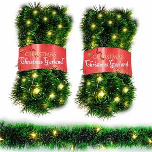 lot 14070 image: 2 Pack Christmas Garland with Lights, Total 38 Feet 80 Led Battery Operated Pre-Lit Long Garland for Stairs Railing Fireplace Mantle Office Door Frame Decor Green Greenery Indoor Outdoor Decorations