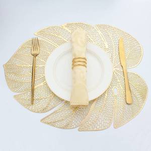 lot 14087 image: Evevda Gold Leaf Shaped Vinyl Placemats for Dinner Table Set of 6 Metallic Plastic Gold Place Mats Wipeable 6Pcs Table Mats for Wedding Annersary Dinner Table Decoration Mats(17.7x13.8inch45x35cm)