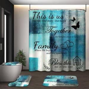 lot 14091 image: Tayney Family Home Motivational Shower Curtain Set with Toilet Lid Cover and Non-Slip Rugs for Bathroom, Turquoise Teal Abstract Painting Art 4 Pcs Shower Curtain, Modern Bathroom Set with 12 Hooks