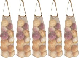 lot 14098 image: Hanging Mesh Storage 5Pack Potato & Onion Bags - Large Reusable Net Produce Bags (Beige)