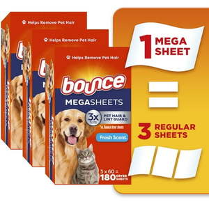 lot 19306 image: Bounce Pet Hair and Lint Guard Mega Dryer Sheets with 3X Pet Hair Fighters  Fresh Scent  180 Count