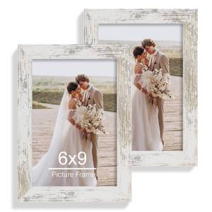 lot 19307 image: Hongkee 6x9 Picture Frame Set of 2, Made of Real Glass and Distressed White Wooden Frame - 6 by 9 Photo for Wall or Tabletop Display