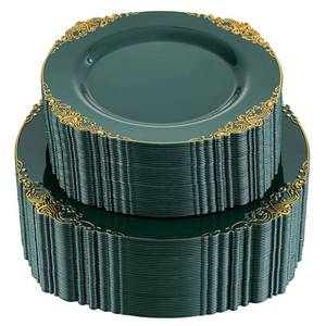 lot 19311 image: Joyido 102PCS Green Plastic Plates - Green and Gold Plates - Fancy Heavy Duty Disposable Plate - Heavyweight Dinner & Dessert Plate for 51 Guests for St. Patricks Day Party & Wedding