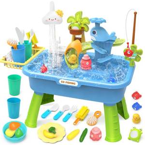 lot 19315 image: 21 H Play Sink with Running Water, 4-in-1 Kids Kitchen Sink Toy with Electric Faucet, Mini Water Table with Detachable Legs, Fishing Game, Pretend Play Dishwasher Gift Set for Boys & Girls(Blue)