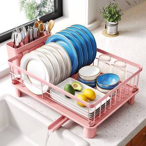 lot 1575 image: SNTD Dish Drying Rack - Small Dish Rack for Kitchen Counter, Stainless Steel Dish Drainer with Utensil Holder and Drainboard, 11 W x 15 L (Pink)