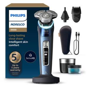 lot 1612 image: Philips Norelco Shaver i9000 Prestige, Wet & Dry Electric Shaver, Mystic Aqua, SenseIQ Technology, Triple Lift & Cut System, 360 Rotating Dual SteelPrecision Blades, Nose Trimmer, XP920188