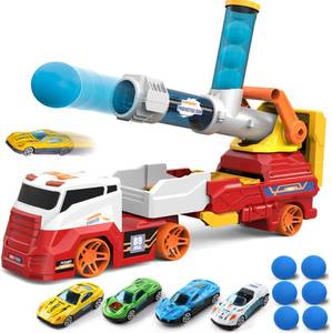 lot 1620 image: Dwi Dowellin Truck Toys for Kids, 28 Large Car Toys Include 4 Racing Cars6 Ball, with Light & Sounds, Eejection&Shooting Transport Cars Toy, Gifts for Boys Girls-RED