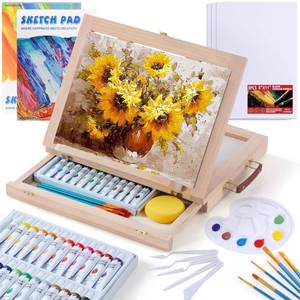 lot 1621 image: Wooden Tabletop Art Easel Set for Painting, 54 Pieces Starter Acrylic Paint Set with 24 Colors Acrylic Paints, Canvases, Sketch Pads, Brushes and Palette for Beginners Young Artists and Adults