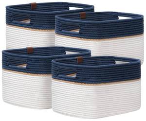 lot 1624 image: UBBCARE 4 Pack Baskets for Organizing, Woven Storage Baskets with Label for Toys and Towel, Rectangle Cotton Rope Basket with Handles, 14L x9W x8H, Navy Blue&White