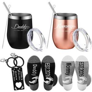 lot 1632 image: Mifoci 6 Pcs Gifts for New Parents Est 2026 20oz Stainless Steel Insulated Tumbler with Lid Anniversary New Parents Pregnancy Gift Daddy Keychain Socks for First Time Mom and Dad(Black, Rose Gold)