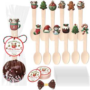 lot 1639 image: Vesici 120 Set Christmas Wooden Spoons Hot Cocoa Chocolate Bar Supplies Christmas Utensil Disposable Holiday Serving Pieces Xmas Party Favor Stocking Stuffer Candy Kitchen Cooking Baking (Cute)