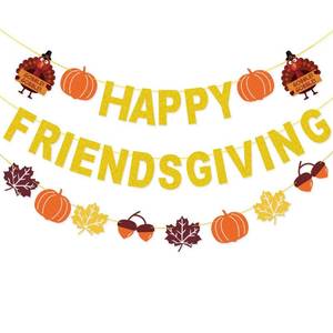 lot 2001 image: Happy Friendsgiving Banner Friendsgiving Decorations for Party Home, Glitter Friendsgiving Decor Banner Maple Leaves Turkey Pumpkin Thanksgiving Decorations Indoor Friendsgiving Party Decor Supplies