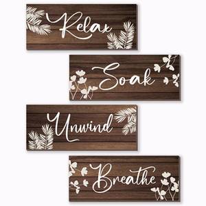 lot 2438 image: ONIZHITY 4 Pieces Brown Bathroom Decor Farmhouse Bathroom Accessories Rustic Relax Soak Unwind Breathe Wooden Signs with Vintage Country Decor for Home Laundry Room (Brown, 10x4 Inch)