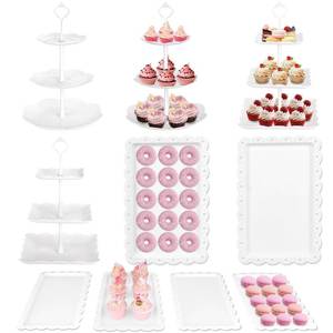 lot 2460 image: Mwellewm 10 Pcs Cake Stand White Plastic Dessert Table Display Set 4 Pcs 3 Tired Cupcake Stand Cookie Tray Rack Serving Tray Cake Tower and 6 Pcs Dessert Tray for Wedding Baby Shower Tea Party