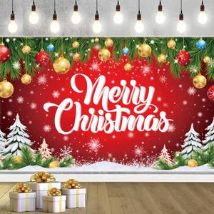 lot 2463 image: Merry Christmas Banner 71 x 43 Inch Decoration �� Large Red Christmas Photography Background Backdrop for Indoor Outdoor Xmas Party Decorations, Fireplace, Wall, and Photo Booth