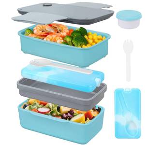 lot 2467 image: Globright Bento Lunch Box Adult, 3 Stackable Lunch Containers for Adult Kids Men Women, Leak-Proof Built-in Utensil Set Reusable Ice Pack (blue)