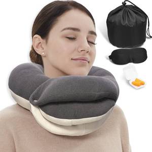 lot 2490 image: BUYUE Travel Neck Pillows for Airplanes, 360° Head Support Sleep for Long Flight, Skin-Friendly & Breathable, Kit with 3D Contoured Eye Mask, Earplugs and Storage Bag (Adult, Grey, 90 lbs)