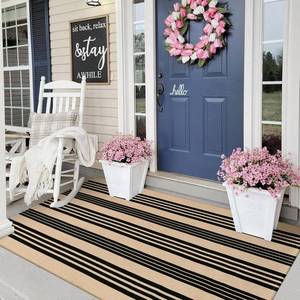 lot 2494 image: Sungea Black and Khaki Striped Rugs 3x5, Outdoor Cotton Hand Woven Front Door Mat,Washable Reversible Layered Door Mats, Foldable Front Porch Rug for EntrywayHome EntranceFarmhouse