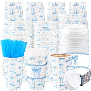 lot 3955 image: Jingmore 50 Set Bow Disposable Coffee Cups with Lid and Sleeves Hot Chocolate Drinking Cups for Valentines Day Mothers Day Wedding Birthday Baby Shower Party Supplies(Blue Bow)