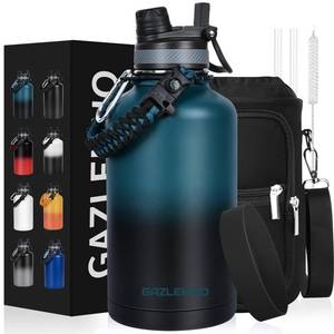 lot 3957 image: GAZLEMHO Insulated Water Bottle 64 oz, Half Gallon Water Jug Cold 48H, BPA Free Stainless Steel Bottles with StrawChug 2-in-1 Lid, Bag, Paracord Handle, Silicone Boot, Sports Gym School Metal Flask